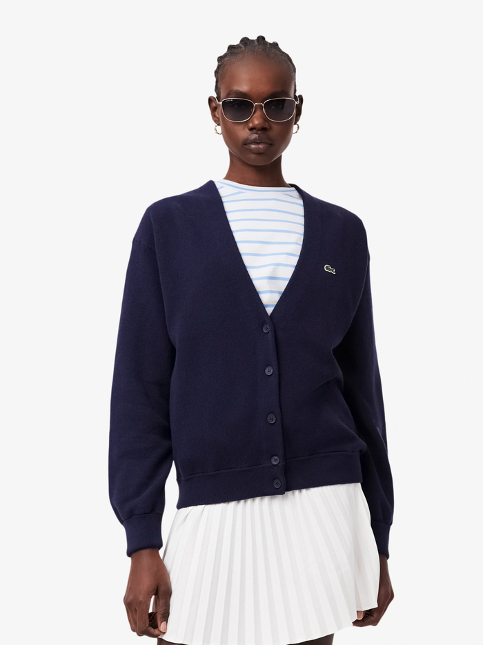LACOSTE WOMEN V Neck Moss Stitch Cotton Cardigan Midnight Blue - MAISONDEFASHION.COM