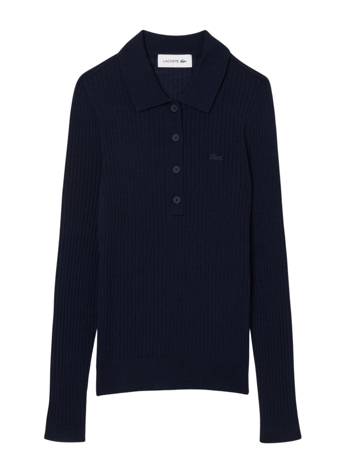 LACOSTE WOMEN Wool Jersey Polo Collar Sweater Midnight Blue - MAISONDEFASHION.COM