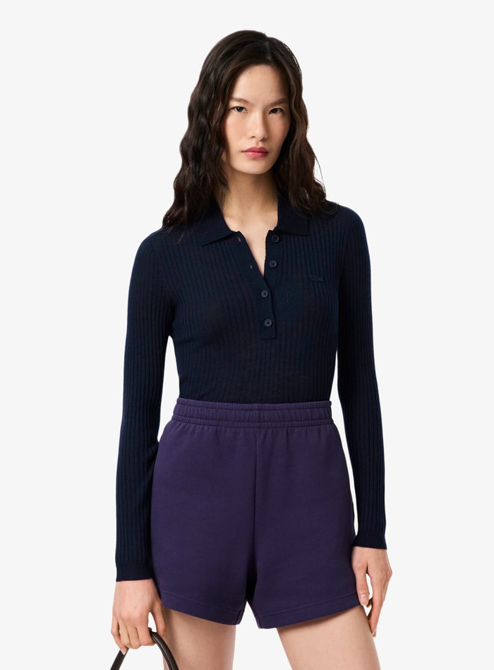 LACOSTE WOMEN Wool Jersey Polo Collar Sweater Midnight Blue - MAISONDEFASHION.COM