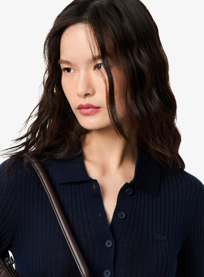 LACOSTE WOMEN Wool Jersey Polo Collar Sweater Midnight Blue - MAISONDEFASHION.COM