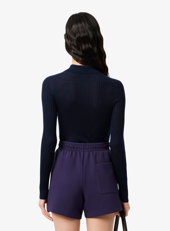 LACOSTE WOMEN Wool Jersey Polo Collar Sweater Midnight Blue - MAISONDEFASHION.COM