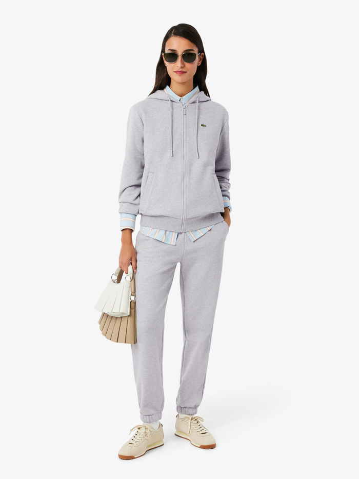 LACOSTE WOMEN Zipped Fleece Hoodie Light Grey - MAISONDEFASHION.COM