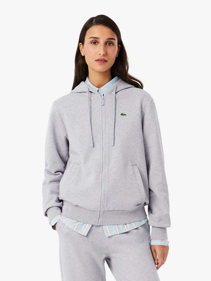LACOSTE WOMEN Zipped Fleece Hoodie Light Grey - MAISONDEFASHION.COM