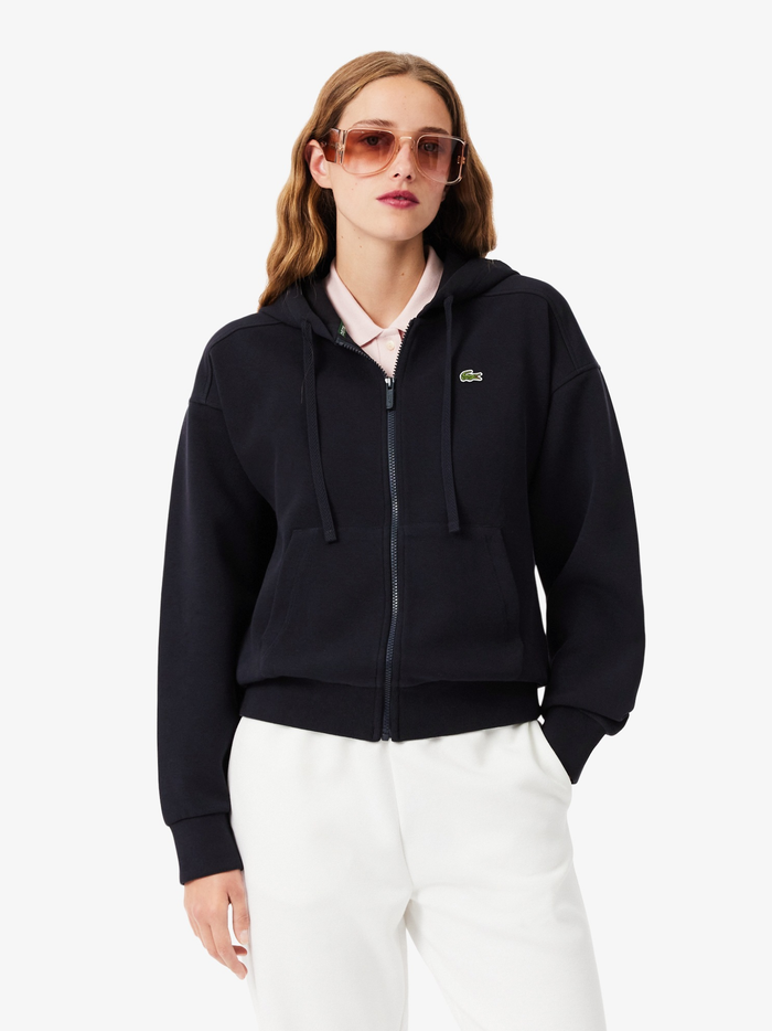 LACOSTE WOMEN Zipped Piqué Hoodie Navy Blue - MAISONDEFASHION.COM