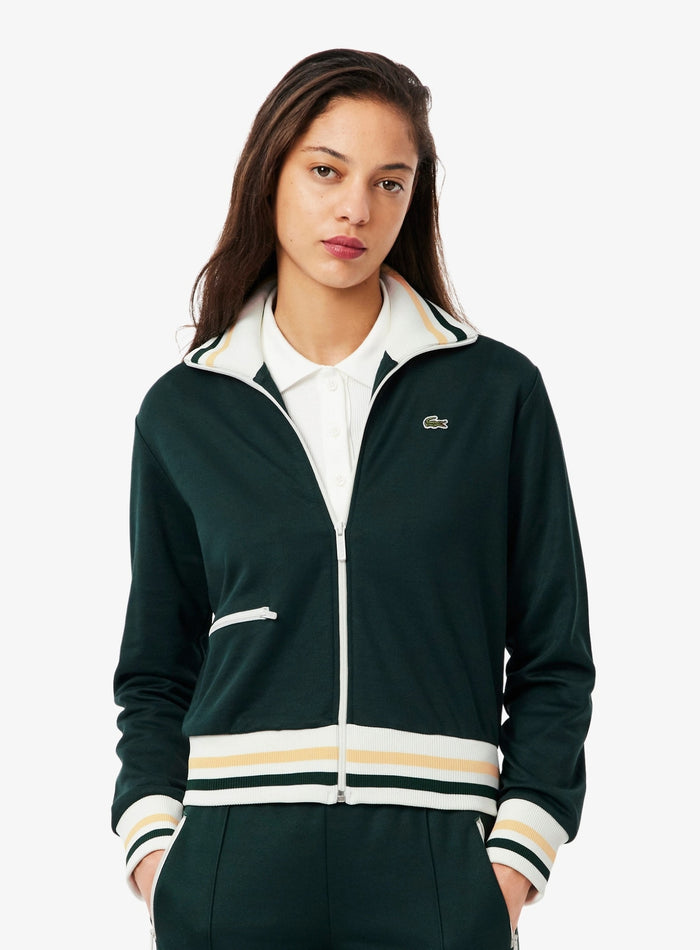 LACOSTE WOMEN Zipped Stripe Accent Sweatshirt Sinople Green - MAISONDEFASHION.COM