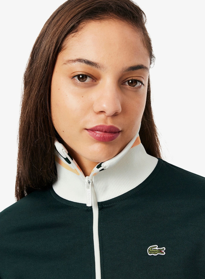 LACOSTE WOMEN Zipped Stripe Accent Sweatshirt Sinople Green - MAISONDEFASHION.COM