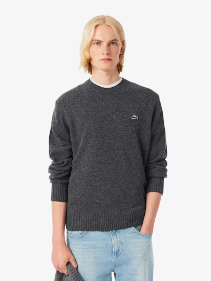 LACOSTE Wool Crew Neck Sweater Heathered Grey - MAISONDEFASHION.COM