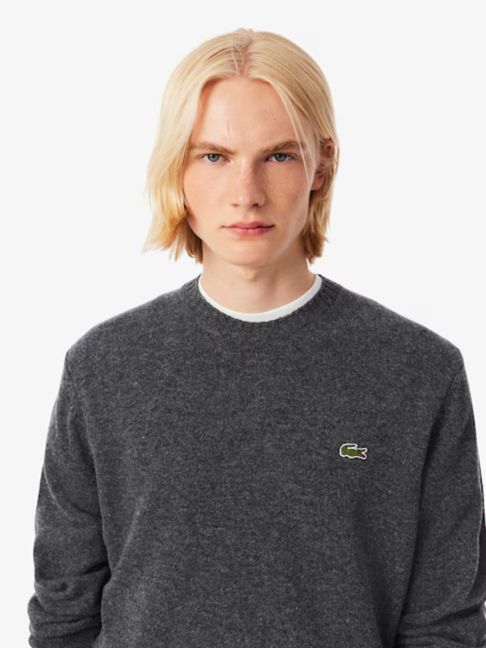 LACOSTE Wool Crew Neck Sweater Heathered Grey - MAISONDEFASHION.COM