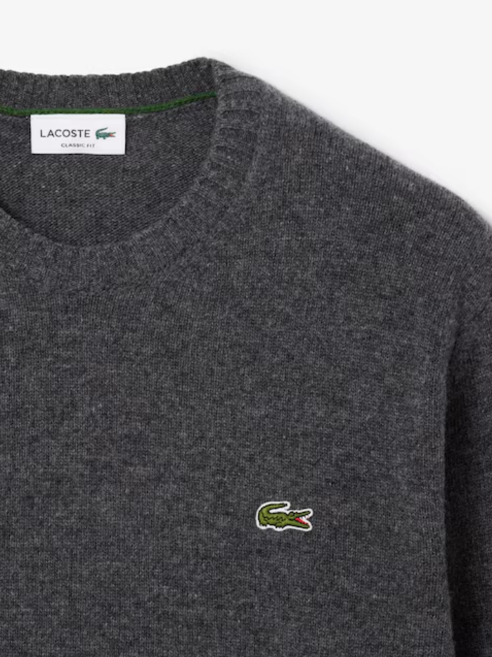 LACOSTE Wool Crew Neck Sweater Heathered Grey - MAISONDEFASHION.COM
