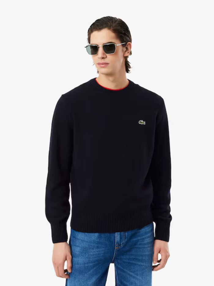 LACOSTE Wool Crew Neck Sweater Midnight Blue - MAISONDEFASHION.COM