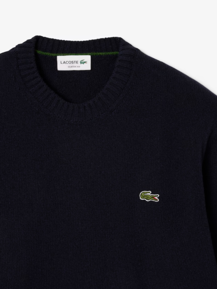 LACOSTE Wool Crew Neck Sweater Midnight Blue - MAISONDEFASHION.COM
