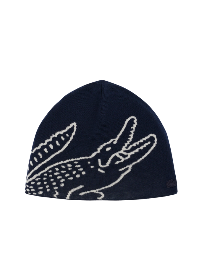 LACOSTE Wool Jacquard Crocodile Beanie Navy/White - MAISONDEFASHION.COM