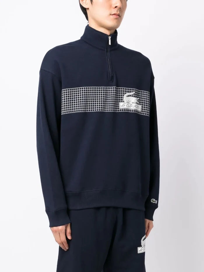 LACOSTE MEN Zip Neck Loose Fit Organic Cotton Sweatshirt Navy - MAISONDEFASHION.COM