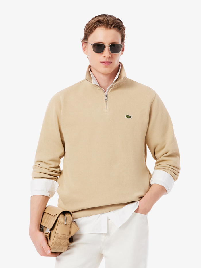 LACOSTE Zip-Up High Neck Interlock Sweatshirt Beige - MAISONDEFASHION.COM