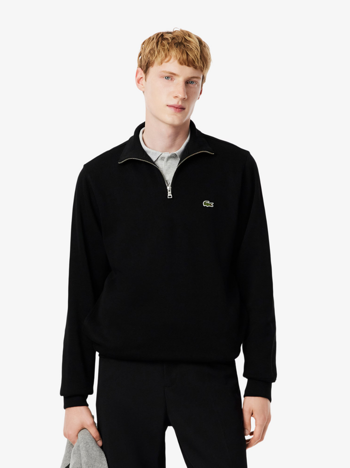 LACOSTE black high neck interlock sweatshirt back view showing clean design and premium interlock fabric construction