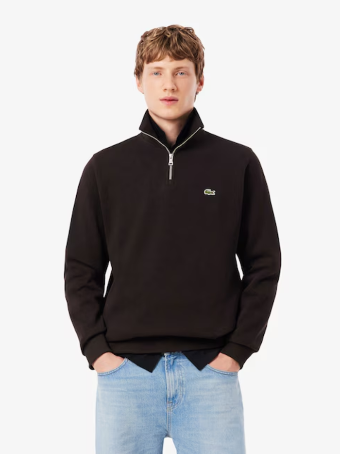LACOSTE Zip-Up High Neck Interlock Sweatshirt Brown - MAISONDEFASHION.COM