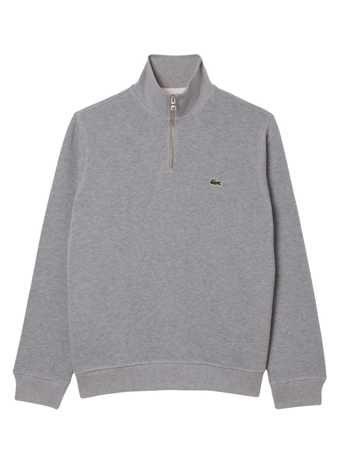 LACOSTE grey zip-up high neck interlock sweatshirt front view featuring full zip closure and iconic crocodile logo