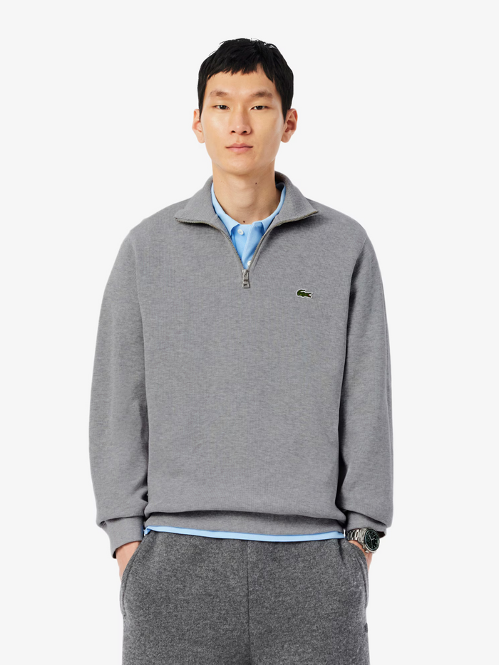 LACOSTE grey high neck interlock sweatshirt back view showing clean design and premium interlock fabric construction