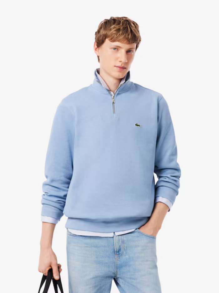 LACOSTE Zip-Up High Neck Interlock Sweatshirt Light Blue - MAISONDEFASHION.COM