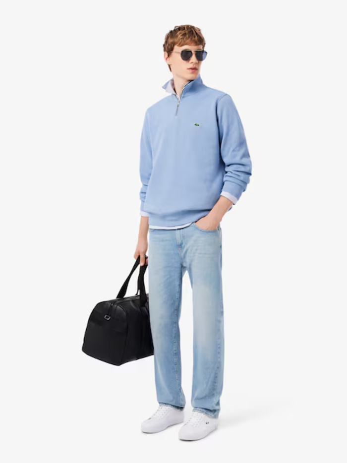 LACOSTE Zip-Up High Neck Interlock Sweatshirt Light Blue - MAISONDEFASHION.COM