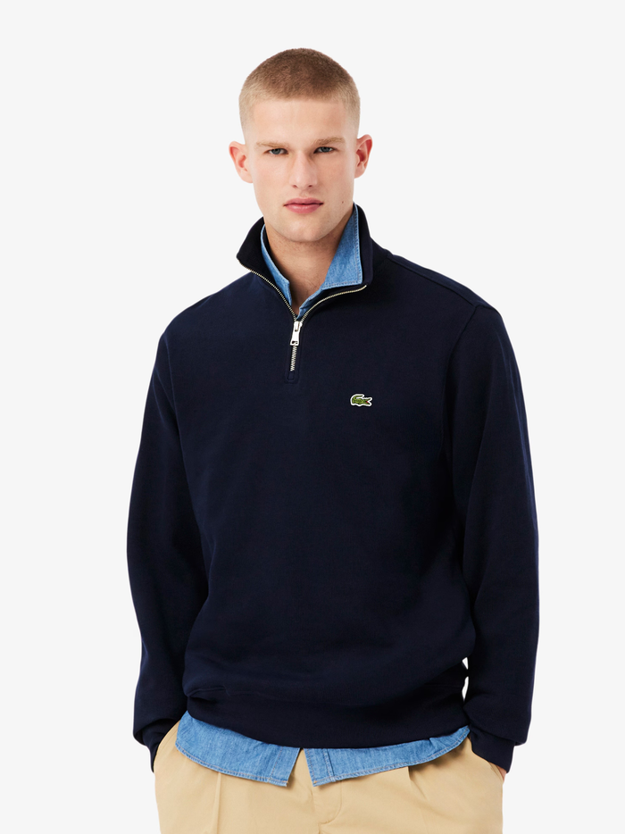 LACOSTE Zip-Up High Neck Interlock Sweatshirt Midnight Blue - MAISONDEFASHION.COM