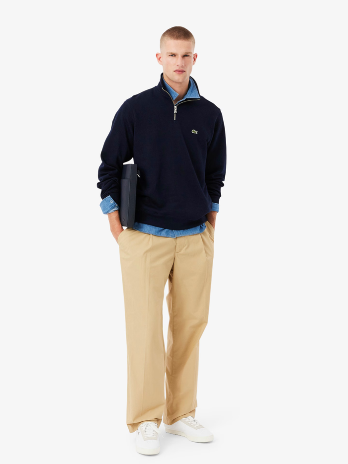 LACOSTE Zip-Up High Neck Interlock Sweatshirt Midnight Blue - MAISONDEFASHION.COM