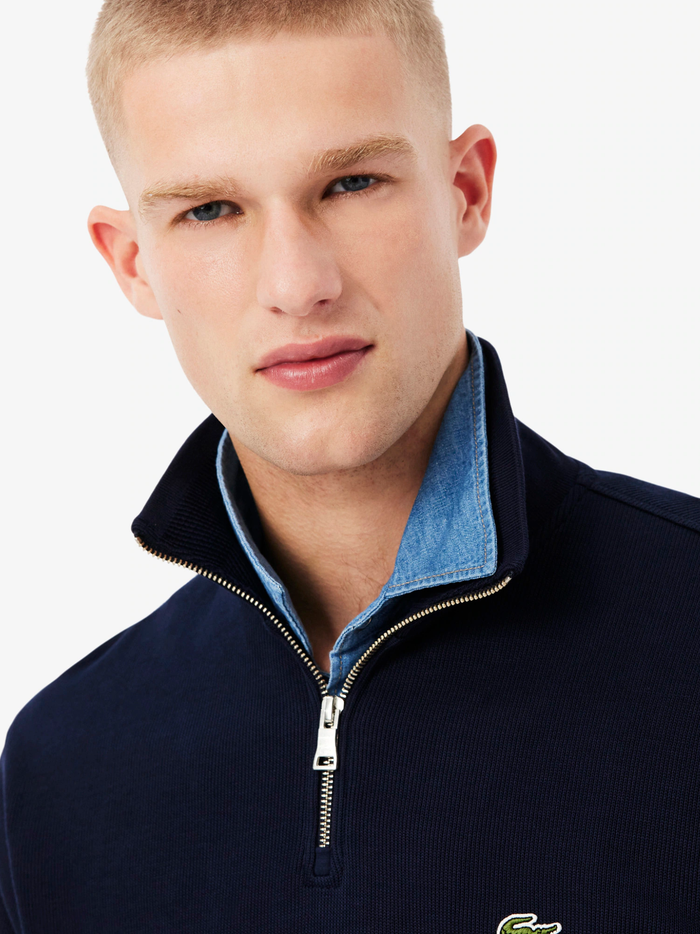 LACOSTE Zip-Up High Neck Interlock Sweatshirt Midnight Blue - MAISONDEFASHION.COM