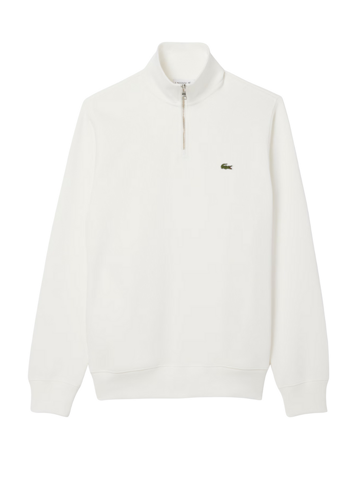 LACOSTE Zip-Up High Neck Interlock Sweatshirt in White - Front view showing full zip closure and iconic crocodile logo