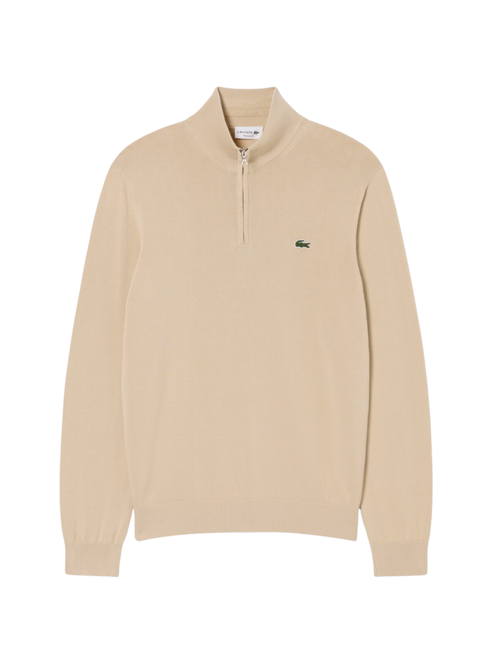 LACOSTE Zipped High Neck Cotton Sweater Beige - MAISONDEFASHION.COM