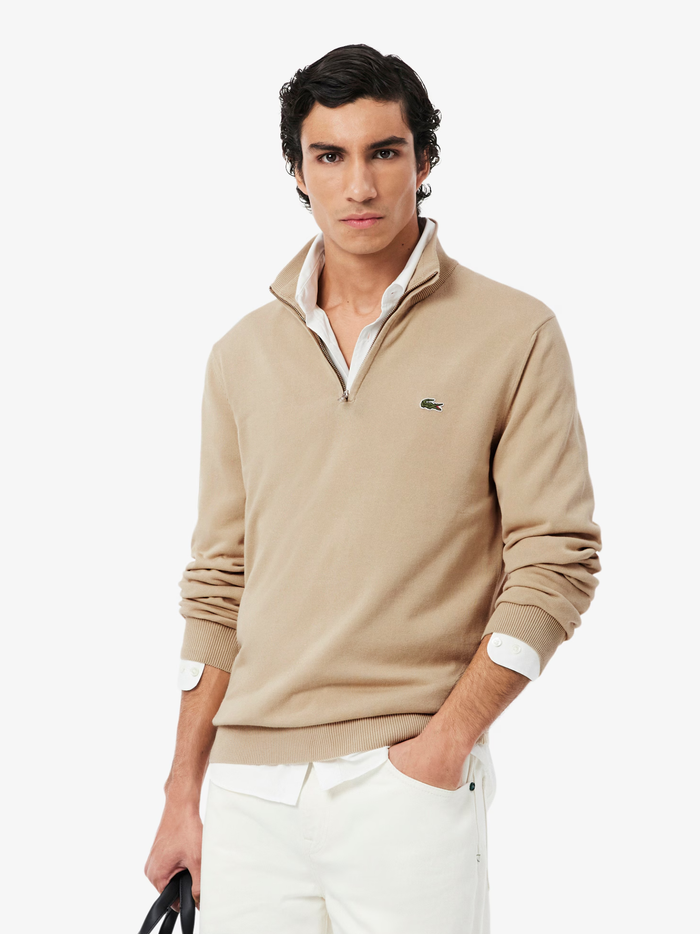 LACOSTE Zipped High Neck Cotton Sweater Beige - MAISONDEFASHION.COM