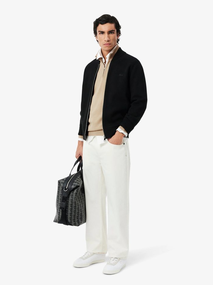 LACOSTE Zipped High Neck Cotton Sweater Beige - MAISONDEFASHION.COM