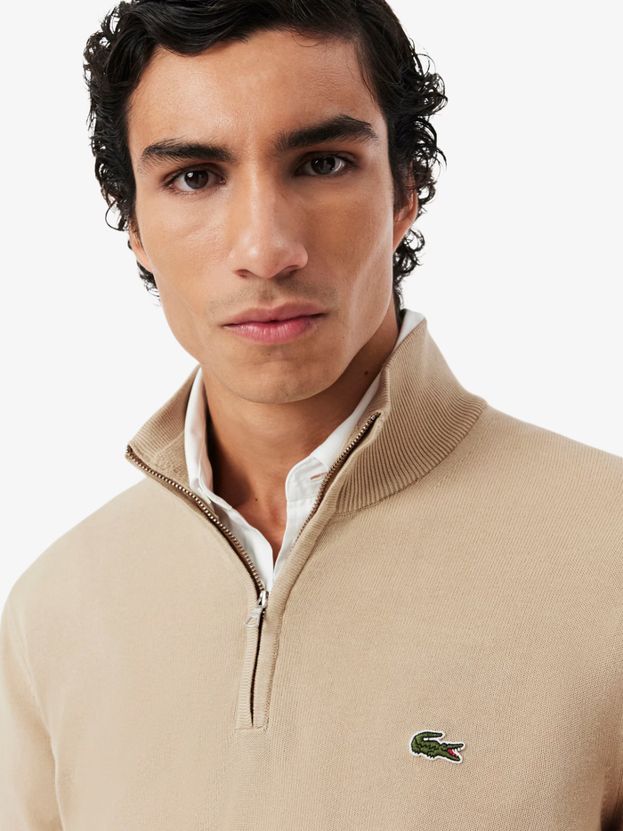 LACOSTE Zipped High Neck Cotton Sweater Beige - MAISONDEFASHION.COM