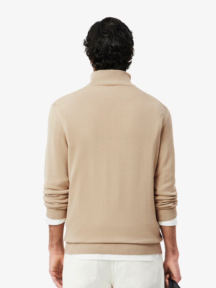 LACOSTE Zipped High Neck Cotton Sweater Beige - MAISONDEFASHION.COM