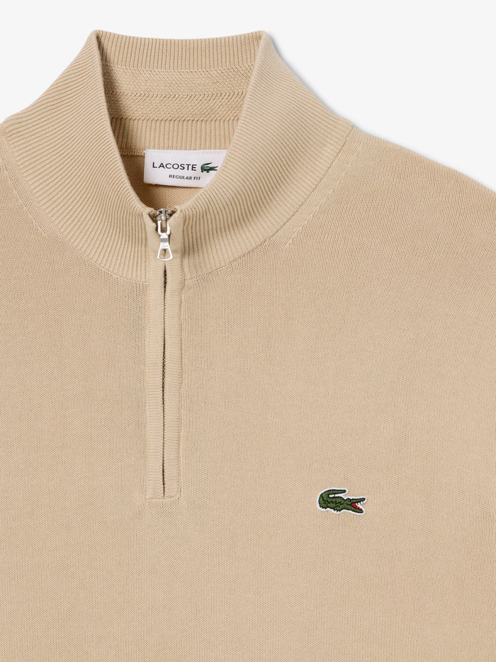 LACOSTE Zipped High Neck Cotton Sweater Beige - MAISONDEFASHION.COM
