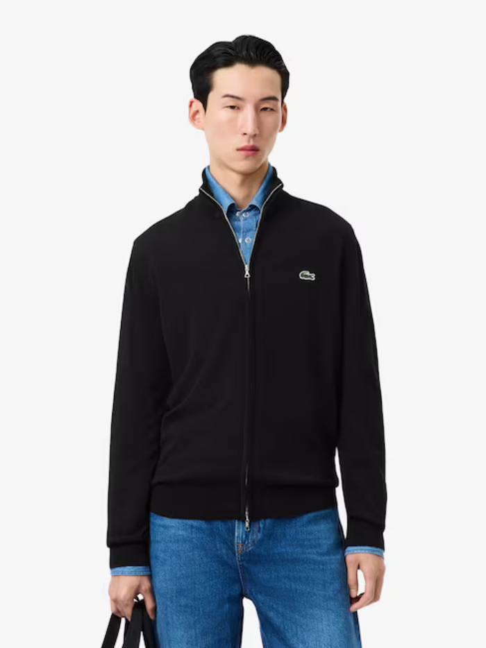 LACOSTE Zipped High Neck Cotton Sweater Black - MAISONDEFASHION.COM