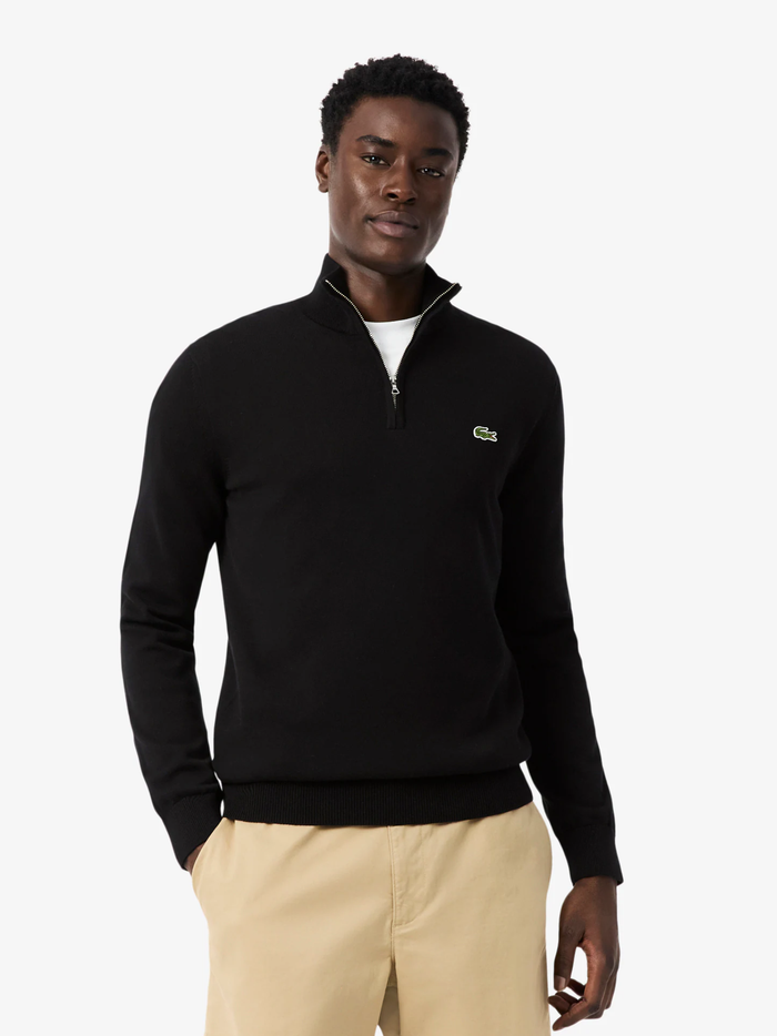 LACOSTE Zipped High Neck Cotton Sweater Black - MAISONDEFASHION.COM