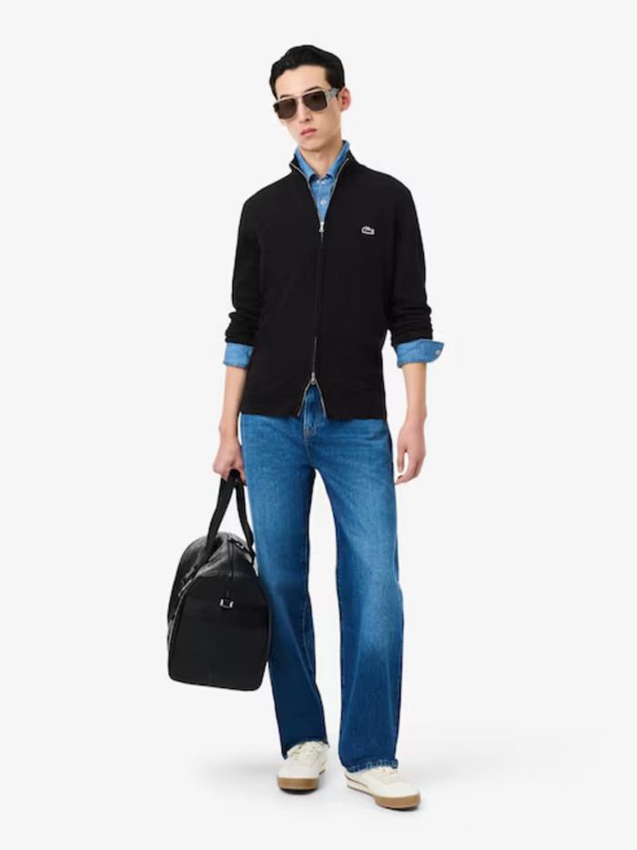 LACOSTE Zipped High Neck Cotton Sweater Black - MAISONDEFASHION.COM