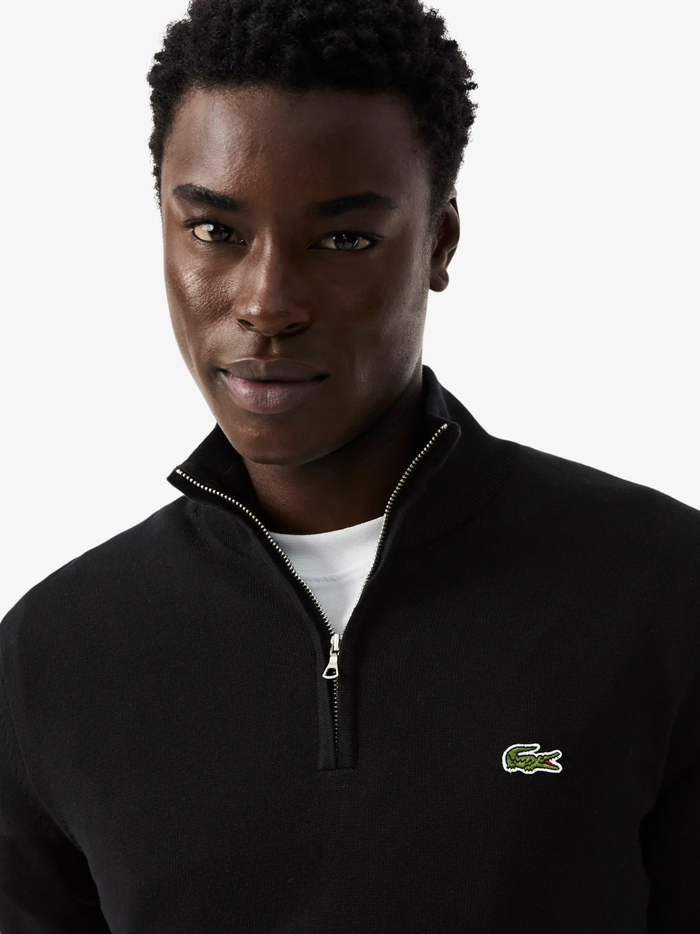 LACOSTE Zipped High Neck Cotton Sweater Black - MAISONDEFASHION.COM