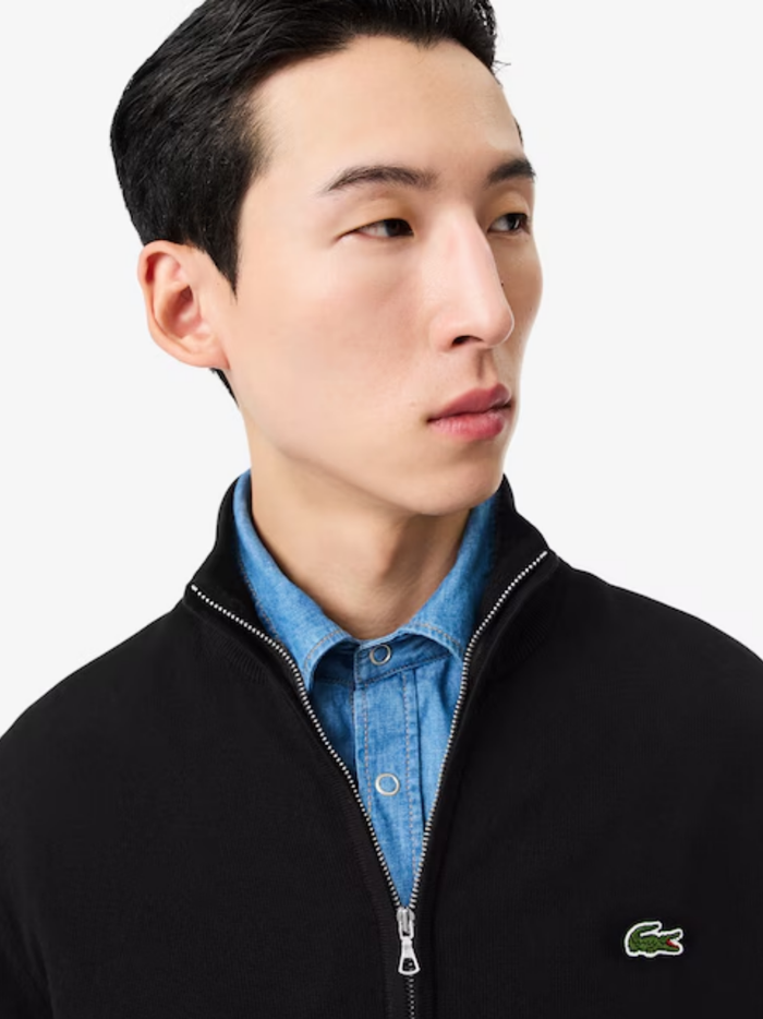 LACOSTE Zipped High Neck Cotton Sweater Black - MAISONDEFASHION.COM