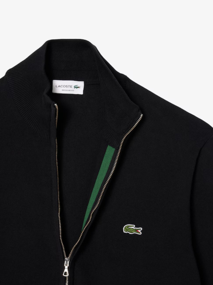 LACOSTE Zipped High Neck Cotton Sweater Black - MAISONDEFASHION.COM