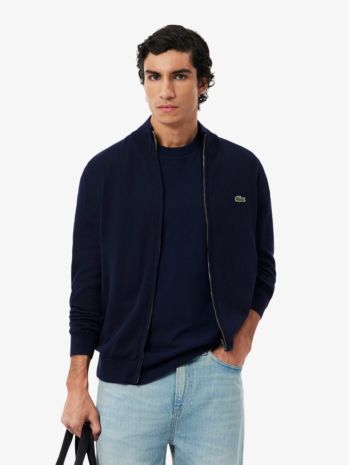 LACOSTE Zipped High Neck Cotton Sweater Midnight Blue - MAISONDEFASHION.COM
