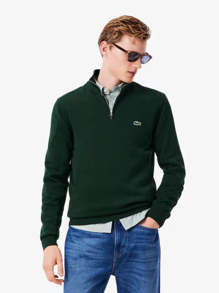 LACOSTE Zipped High Neck Cotton Sweater Sinople Green - MAISONDEFASHION.COM