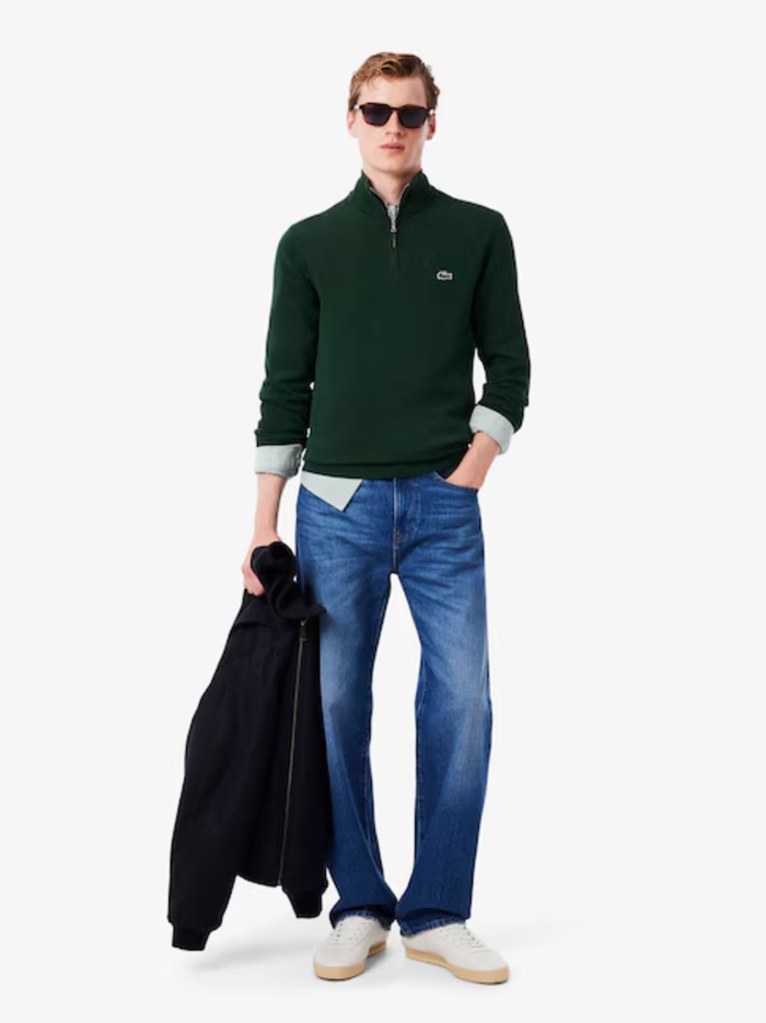 LACOSTE Zipped High Neck Cotton Sweater Sinople Green - MAISONDEFASHION.COM