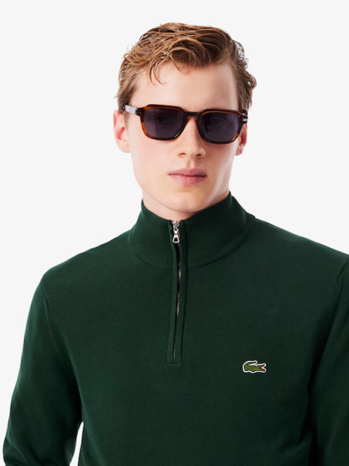 LACOSTE Zipped High Neck Cotton Sweater Sinople Green - MAISONDEFASHION.COM