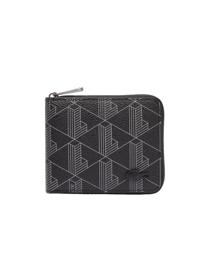 LACOSTE Zipped Monogram Billfold Black/Grey - MAISONDEFASHION.COM