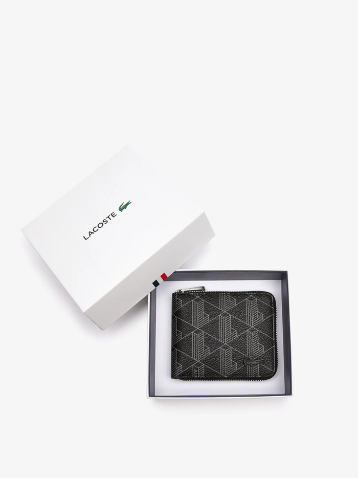 LACOSTE Zipped Monogram Billfold Black/Grey - MAISONDEFASHION.COM