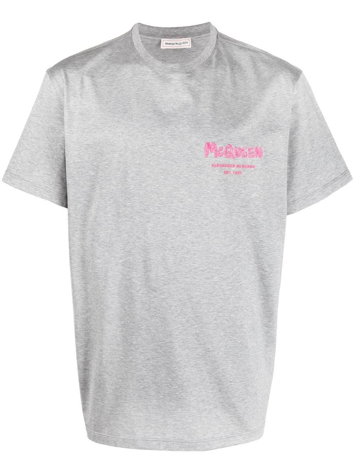 ALEXANDER MCQUEEN Logo Embroidered T-Shirt Grey - MAISONDEFASHION.COM