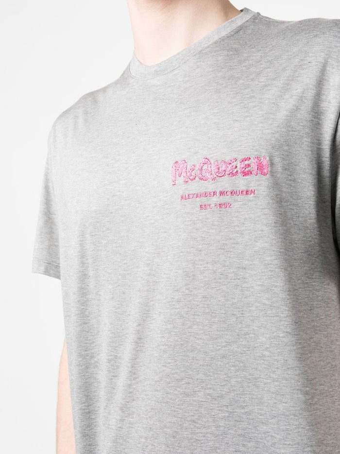 ALEXANDER MCQUEEN Logo Embroidered T-Shirt Grey - MAISONDEFASHION.COM
