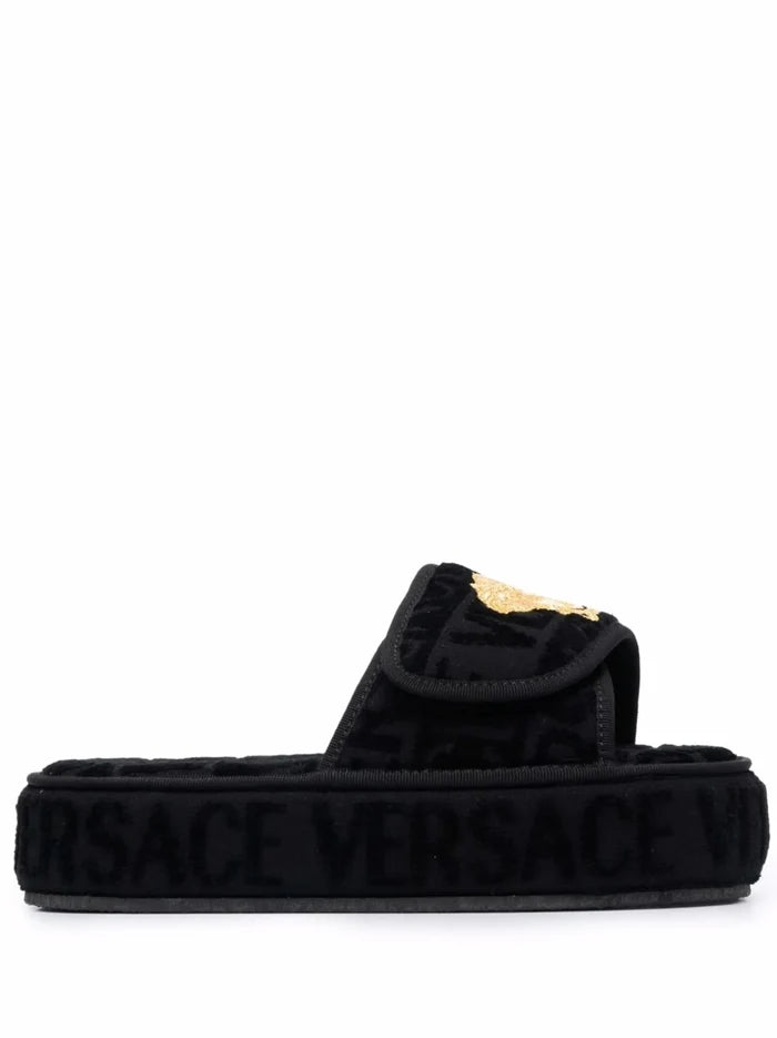 VERSACE Logo Monogram Platform Slides Black - MAISONDEFASHION.COM