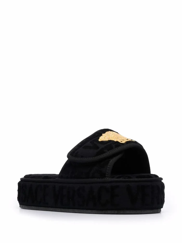 VERSACE Logo Monogram Platform Slides Black - MAISONDEFASHION.COM